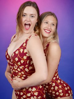 2019-05-04 CloEliza and Fabiene in maroon and gold vintage swimsuits