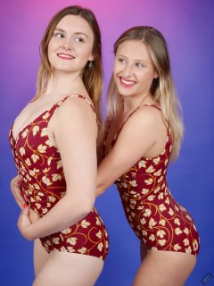 2019-05-04 CloEliza and Fabiene in maroon and gold vintage swimsuits