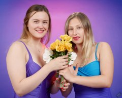 2019-05-04 CloEliza and Fabiene in purple vintage tummy-control one-piece swimsuits
