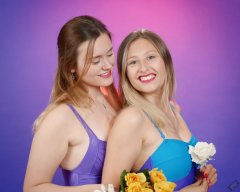 2019-05-04 CloEliza and Fabiene in purple vintage tummy-control one-piece swimsuits