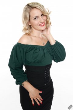 2019-09-07 VZ-Retro - in her own green top and tight black pencil skirt and waist-trainer corset