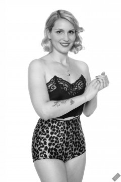 2019-09-07 VZ-Retro - in black strapless bra top and animal print pantie girdle worn as hotpants