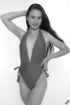 2019-09-21 Kristine Gold - in her own red lycra one-piece swimsuit