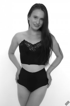 2019-09-21 Kristine Gold - in vintage-style black strapless bra-top and tight black pantie girdle worn as hot-pants