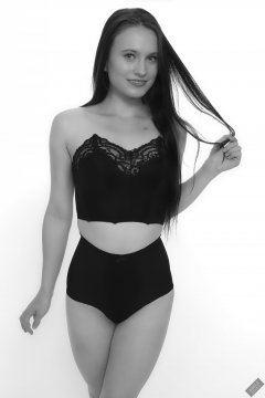 2019-09-21 Kristine Gold - in vintage-style black strapless bra-top and tight black pantie girdle worn as hot-pants