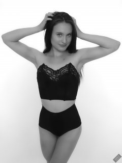 2019-09-21 Kristine Gold - in vintage-style black strapless bra-top and tight black pantie girdle worn as hot-pants