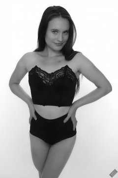 2019-09-21 Kristine Gold - in vintage-style black strapless bra-top and tight black pantie girdle worn as hot-pants