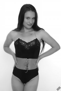 2019-09-21 Kristine Gold- in black strapless bra-top and tight black pantie girdle worn as hot-pants and tightly-laced corset-belt to draw-in her waist