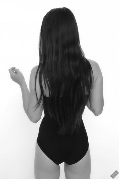 2019-09-21 Kristine Gold - in vintage-style black strapless bra-top and tight black high-waist control-briefs worn as hot-pants