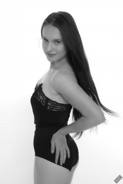 2019-09-21 Kristine Gold - in vintage-style black strapless bra-top and tight black high-waist control-briefs worn as hot-pants