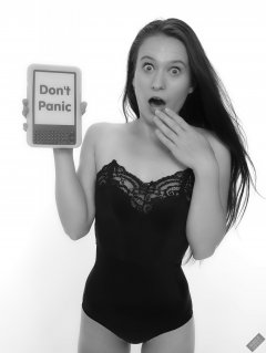 2019-09-21 Kristine Gold - Don't Panic - with reference to The Book in Hitchhikers Guide to the Galaxy, including specially hacked Kindle. Kristine wears vintage-style black strapless bra and tight black high-waist control briefs, worn  as especially bodycon hot-pants