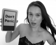 2019-09-21 Kristine Gold - Don't Panic - with reference to The Book in Hitchhikers Guide to the Galaxy, including specially hacked Kindle. Kristine wears vintage-style black strapless bra and tight black high-waist control briefs, worn  as especially bodycon hot-pants