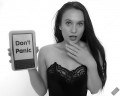 2019-09-21 Kristine Gold - Don't Panic - with reference to The Book in Hitchhikers Guide to the Galaxy, including specially hacked Kindle. Kristine wears vintage-style black strapless bra and tight black high-waist control briefs, worn  as especially bodycon hot-pants