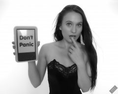 2019-09-21 Kristine Gold - Don't Panic - with reference to The Book in Hitchhikers Guide to the Galaxy, including specially hacked Kindle. Kristine wears vintage-style black strapless bra and tight black high-waist control briefs, worn  as especially bodycon hot-pants