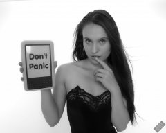 2019-09-21 Kristine Gold - Don't Panic - with reference to The Book in Hitchhikers Guide to the Galaxy, including specially hacked Kindle. Kristine wears vintage-style black strapless bra and tight black high-waist control briefs, worn  as especially bodycon hot-pants