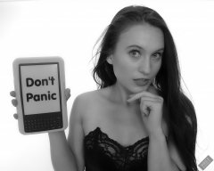 2019-09-21 Kristine Gold - Don't Panic - with reference to The Book in Hitchhikers Guide to the Galaxy, including specially hacked Kindle. Kristine wears vintage-style black strapless bra and tight black high-waist control briefs, worn  as especially bodycon hot-pants