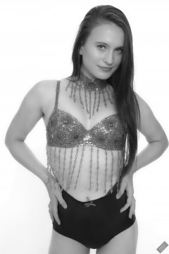 2019-09-21 Kristine Gold - in red jewelled dance-top and tight blue pantie girdle worn as hot-pants