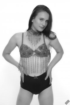 2019-09-21 Kristine Gold - in red jewelled dance-top and tight blue pantie girdle worn as hot-pants