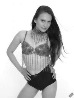 2019-09-21 Kristine Gold - in red jewelled dance-top and tight blue pantie girdle worn as hot-pants