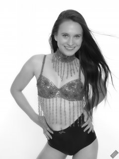 2019-09-21 Kristine Gold - in red jewelled dance-top and tight blue pantie girdle worn as hot-pants