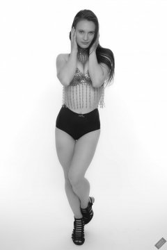 2019-09-21 Kristine Gold - in red jewelled dance-top and tight blue pantie girdle worn as hot-pants