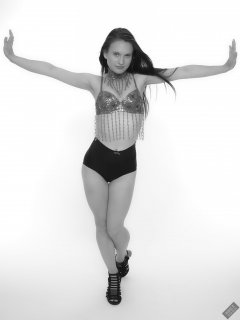 2019-09-21 Kristine Gold - in red jewelled dance-top and tight blue pantie girdle worn as hot-pants