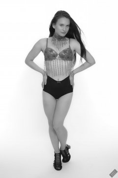 2019-09-21 Kristine Gold - in red jewelled dance-top and tight blue pantie girdle worn as hot-pants