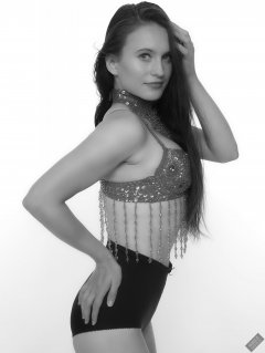 2019-09-21 Kristine Gold - in red jewelled dance-top and tight blue pantie girdle worn as hot-pants