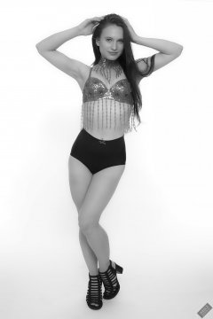 2019-09-21 Kristine Gold - in red jewelled dance-top and tight blue pantie girdle worn as hot-pants