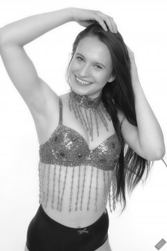 2019-09-21 Kristine Gold - in red jewelled dance-top and tight blue pantie girdle worn as hot-pants