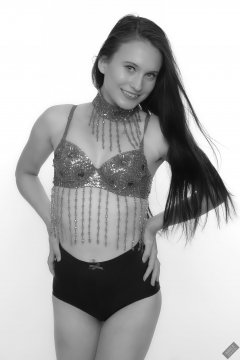 2019-09-21 Kristine Gold - in red jewelled dance-top and tight blue pantie girdle worn as hot-pants