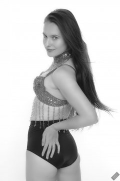 2019-09-21 Kristine Gold - in red jewelled dance-top and tight blue pantie girdle worn as hot-pants