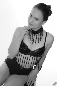 2019-09-21 Kristine Gold - in dark-blue jewelled dance-top and tight blue pantie girdle worn as hot-pants