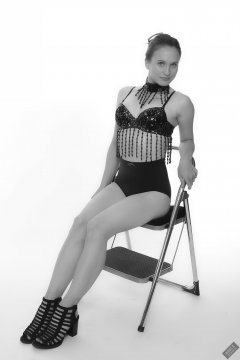 2019-09-21 Kristine Gold - in dark-blue jewelled dance-top and tight blue pantie girdle worn as hot-pants