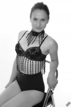 2019-09-21 Kristine Gold - in dark-blue jewelled dance-top and tight blue pantie girdle worn as hot-pants