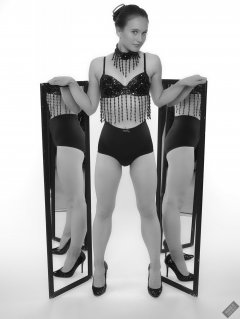 2019-09-21 Kristine Gold - in dark-blue jewelled dance-top and tight blue pantie girdle worn as hot-pants