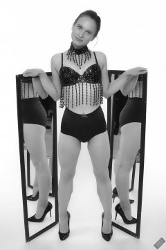 2019-09-21 Kristine Gold - in dark-blue jewelled dance-top and tight blue pantie girdle worn as hot-pants