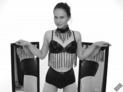 2019-09-21 Kristine Gold - in dark-blue jewelled dance-top and tight blue pantie girdle worn as hot-pants