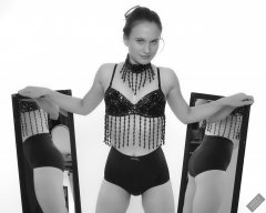 2019-09-21 Kristine Gold - in dark-blue jewelled dance-top and tight blue pantie girdle worn as hot-pants