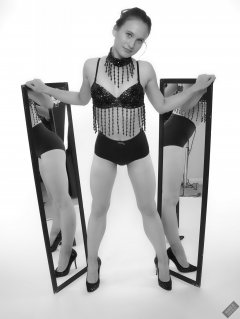 2019-09-21 Kristine Gold - in dark-blue jewelled dance-top and tight blue pantie girdle worn as hot-pants