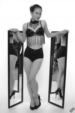 2019-09-21 Kristine Gold - in dark-blue jewelled dance-top and tight blue pantie girdle worn as hot-pants