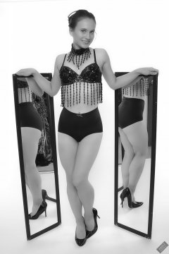 2019-09-21 Kristine Gold - in dark-blue jewelled dance-top and tight blue pantie girdle worn as hot-pants