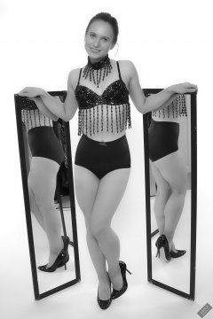 2019-09-21 Kristine Gold - in dark-blue jewelled dance-top and tight blue pantie girdle worn as hot-pants