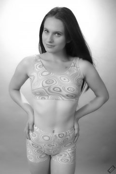 2019-09-21 Kristine Gold - in matching tight pink-and-white lycra sports bra top and shorts set