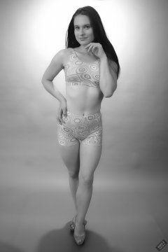 2019-09-21 Kristine Gold - in matching tight pink-and-white lycra sports bra top and shorts set