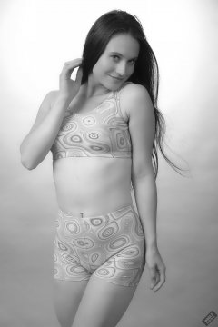 2019-09-21 Kristine Gold - in matching tight pink-and-white lycra sports bra top and shorts set