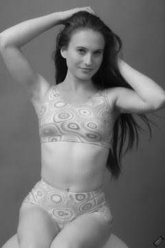 2019-09-21 Kristine Gold - in matching tight pink-and-white lycra sports bra top and shorts set