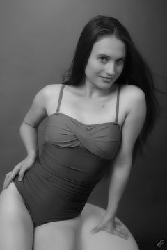 2019-09-21 Kristine Gold - in blue and purple vintage-style one-piece tummy-control swimsuit by M&S