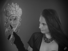 2019-09-21 Kristine Gold - in tightly-laced black underbust corset worn over black Miraclesuit strapless one-piece bodyshaper