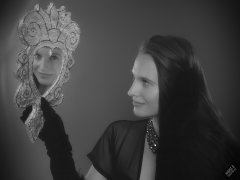 2019-09-21 Kristine Gold - in tightly-laced black underbust corset worn over black Miraclesuit strapless one-piece bodyshaper